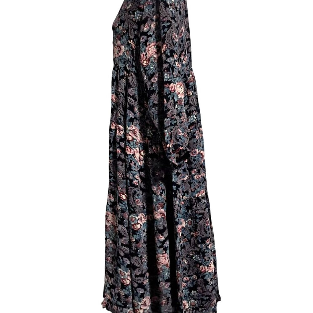 Vintage Nostalgia Floral Tiered Boho Maxi Midi Dress M Black Multicolor Gauzy 10 - Picture 7 of 16